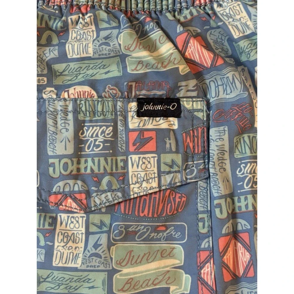 johnnie-O Mens XL Half-Elastic Swim Trunks Board Shorts Surf Patch Sticker Print